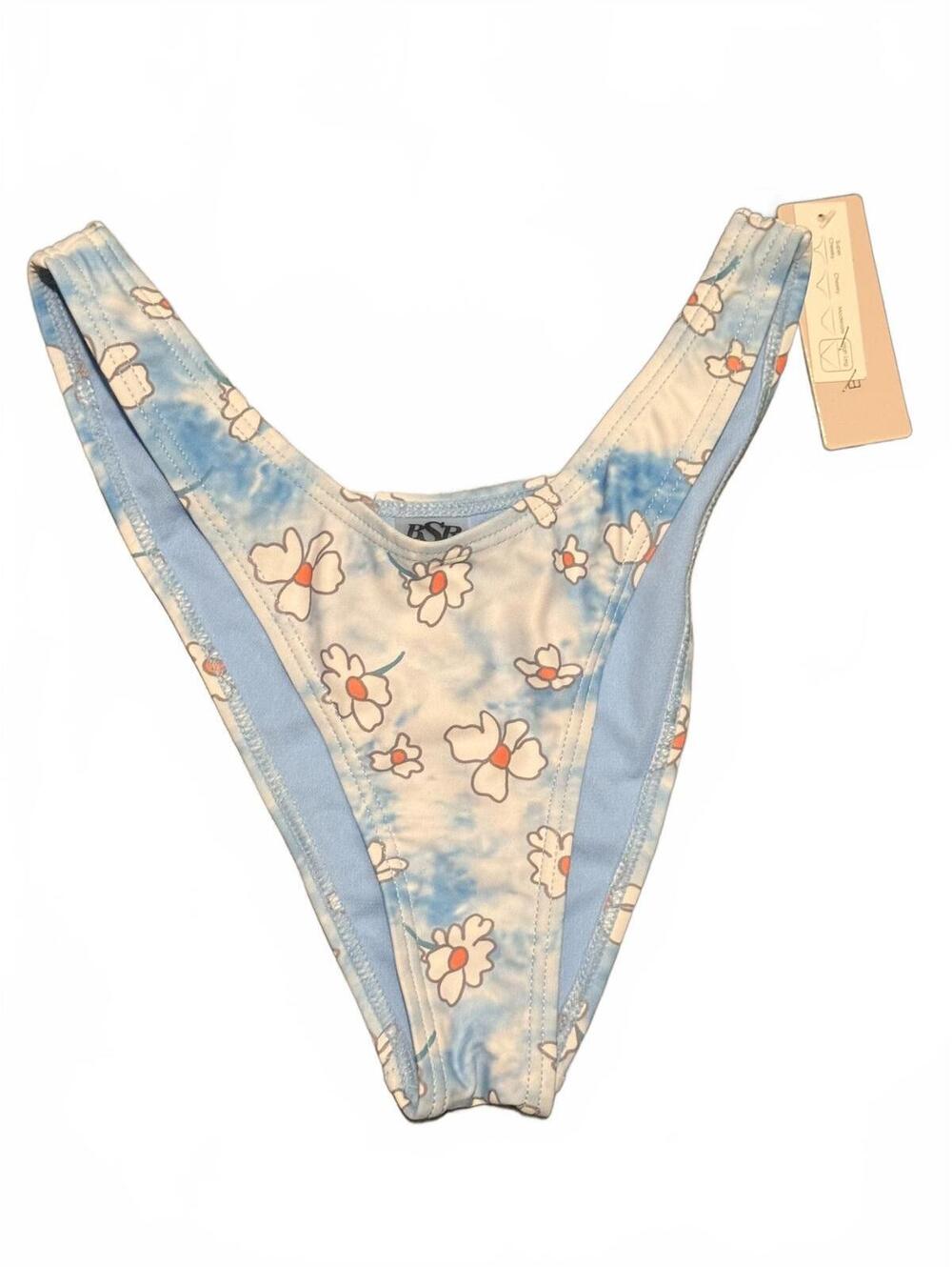 BSR by Samii Ryan Blue Floral Print High-Cut Bikini Bottom Size Medium